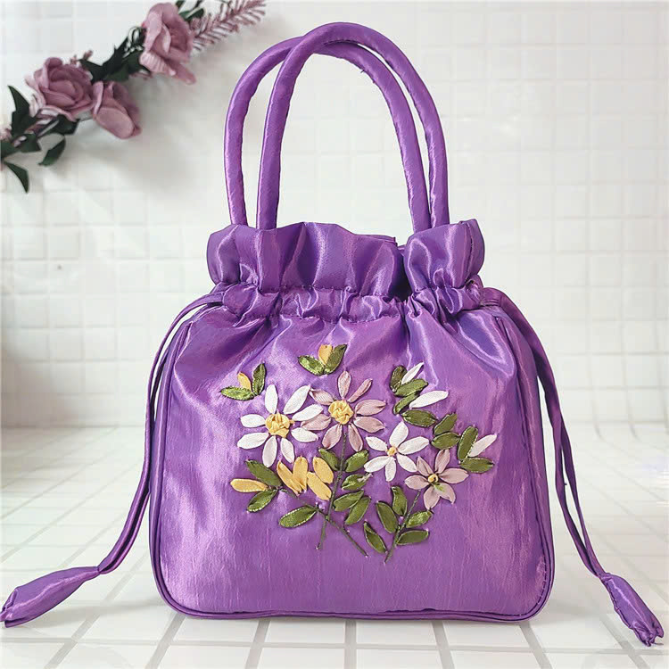 Handbag (Available) Handmade Floral Embroidery with Drawstring, Luxurious Women's Bag Made of 2-Layer Silk Fabric - 4