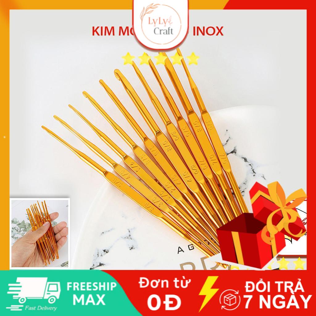 Cây móc len 2 đầu inox màu vàng đồng dành cho người mới học , bộ dụng cụ len sợi đan móc chuyên dụng dễ sử dụng đan áo, khăn choàng