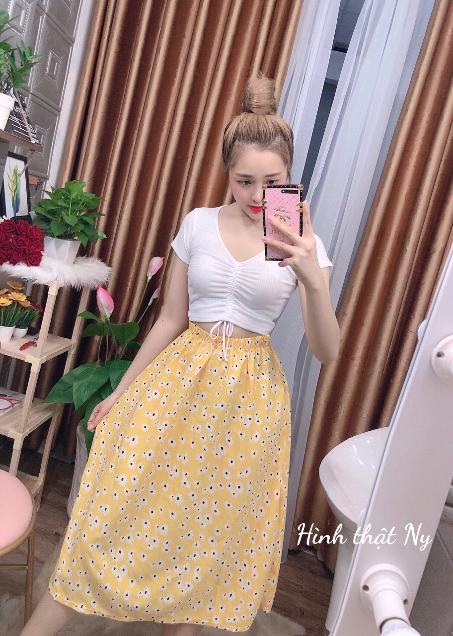 [HCM]Chân váy midi hoa cúc vintage váy dài tới gối chất voan mềm mịn tôn dáng đẹp  bắt trend cực dễ thương ( ảnh thật)