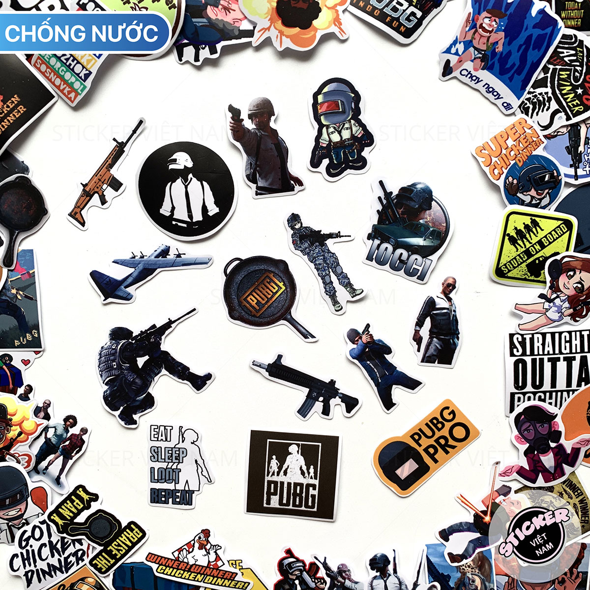 PUBG Stickers - Hình Dán Chủ Đề Game PlayerUnknown's Battlegrounds Trò Chơi Sinh Tồn - Chất liệu PVC chất lượng cao chống nước, chống nắng - Kích thước 4-8cm - Sticker Việt Nam
