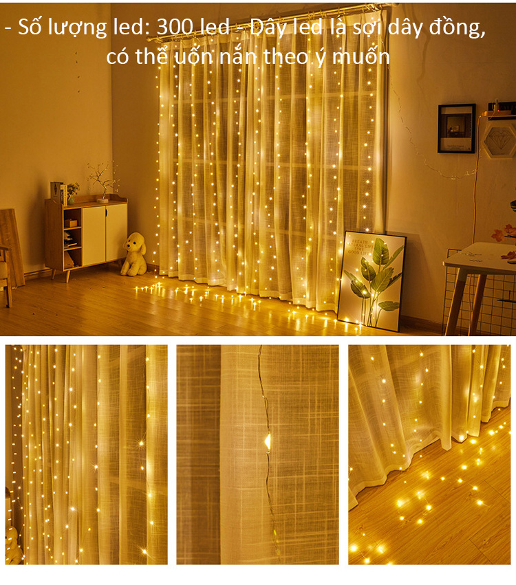 Đèn Rèm Cửa Sổ LED 3X3M 300, Đèn Dây Đom Đóm Chống Nước USB Trang Trí Giáng Sinh Lấp Lánh Cho Phòng Ngủ, Phông Nền Đám Cưới, Trang Trí Tường Tiệc-8 Chế Độ