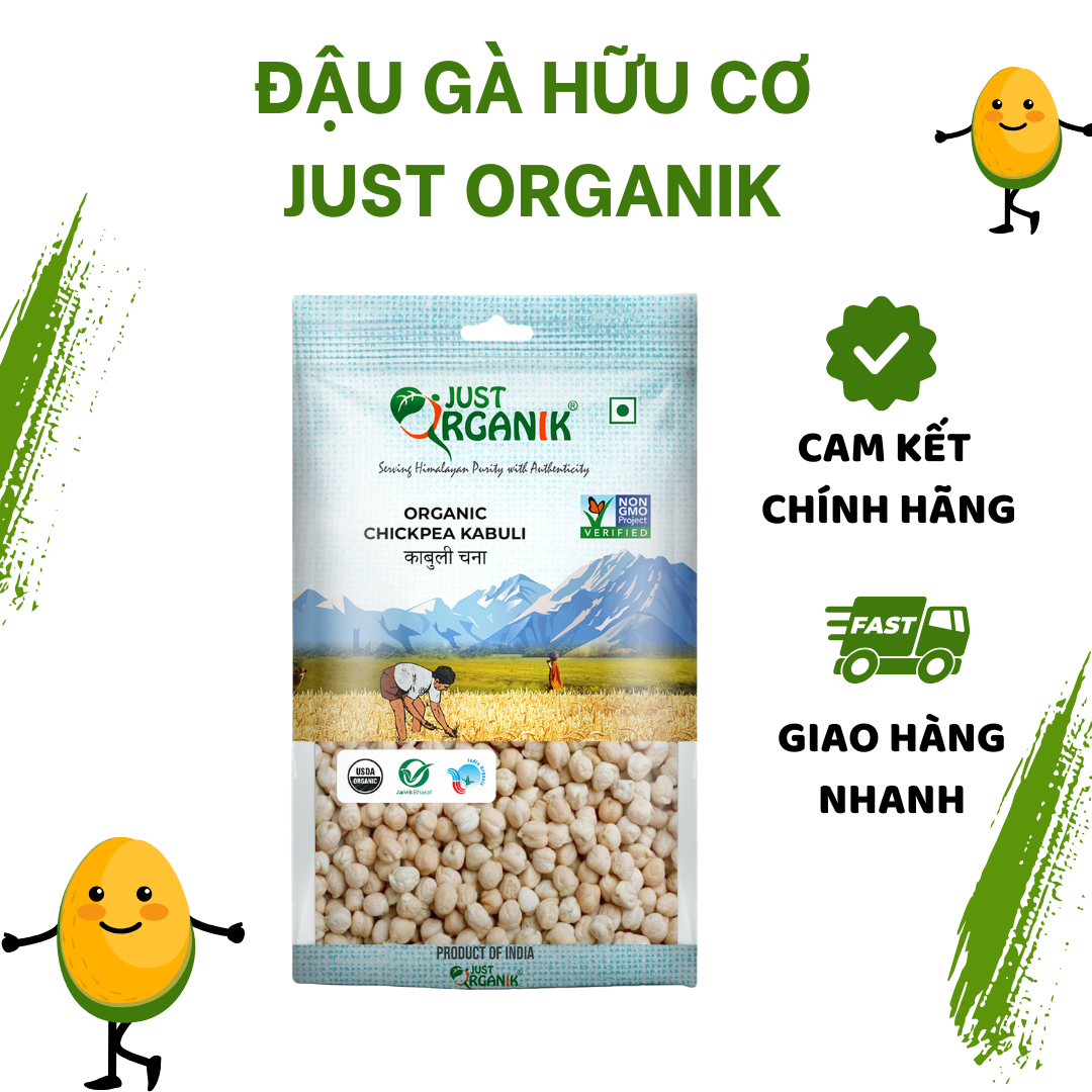 Hạt đậu gà khô trắng hữu cơ just organik organic chickpea nhập khẩu ấn độ ăn dặm cho bé 500g
