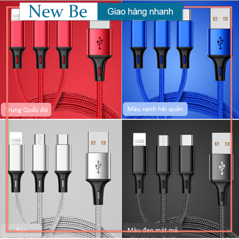 【New Be】2.4A Tự động thu nhỏ Cáp sạc điện thoại 3 IN 1 1M cho Apple iPhone Samsung Huawei OPPO Vivo Xiaomi Realme Cáp sạc nhanh USB Type C Cáp dữ liệu Lightning cho iOS và Android
