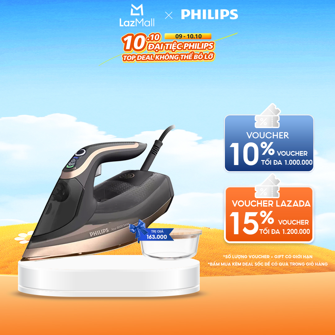 Bàn Ủi Hơi Nước Philips DST8041/80 Azure 8000 Series - Công Suất Mạnh Mẽ 3000W, Optimaltemp Không Cháy, Khoang Chứa Nước 350ML, Hơi Phun 80G/Phút, Dynamiq Cảm Biến Hơi Phun Tự Động - Hàng Ph