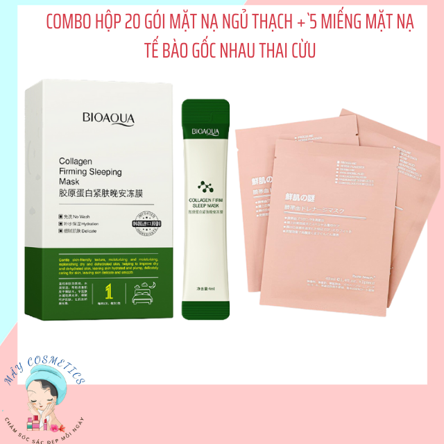 COMBO HỘP 20 GÓI MẶT NẠ NGỦ THẠCH COLLAGEN BIOAQUA+5 MIẾNG MĂT NẠ TẾ BÀO GỐC NHAU THAI CỪU DƯỠNG DA TRẮNG SÁNG