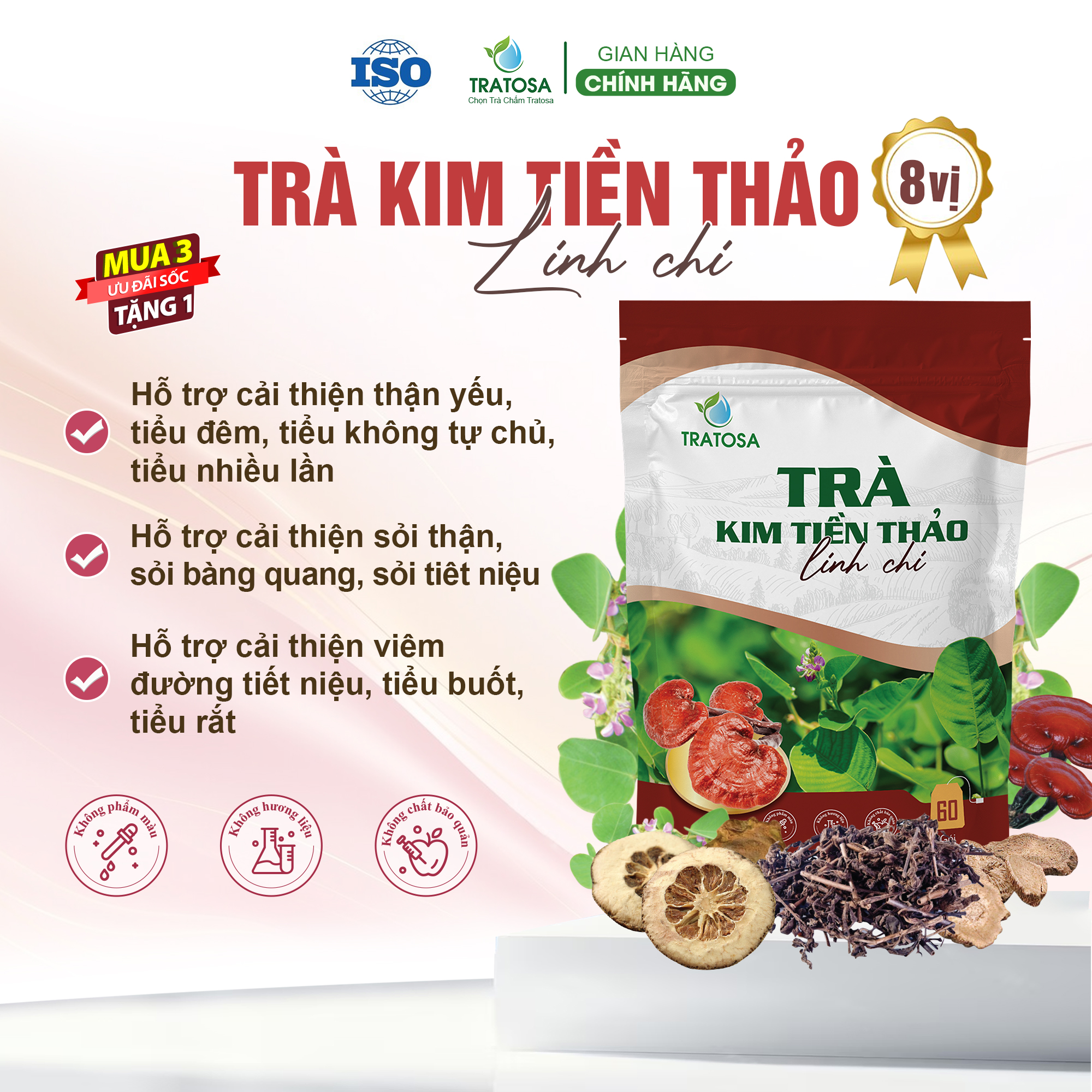 Trà kim tiền thảo linh chi TRATOSA 7 vị hỗ trợ trị sỏi thận, sỏi bàng quang, thận yếu, tiểu đêm, viêm tiết niệu túi zip 60 túi lọc