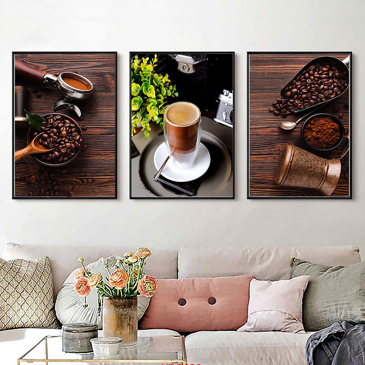 Tranh treo tường quán cafe - tranh bộ 3 hạt cafe và cốc cafe đẹp