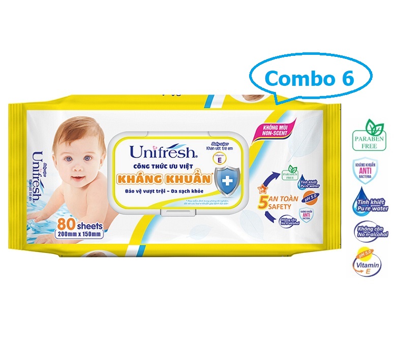 Combo 6 gói khăn giấy ướt không mùi Unifresh Vitamin E, Aloe vera  (80 tờ / gói)