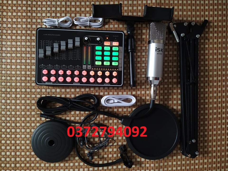 Combo Thu Âm Livestream ISK AT350-Sound Card H9 auto tun kèm chân kẹp, màng lọc âm và Kẹp điện thoai đôi tặng kèm tai nghe nhét tai