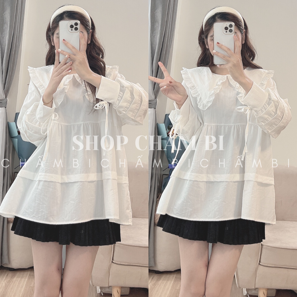 Áo sơ mi nữ dài tay A.422, Áo sơ mi dáng babydoll nơ tay bánh bèo cực xinh - Thời trang nữ Chấm Bi