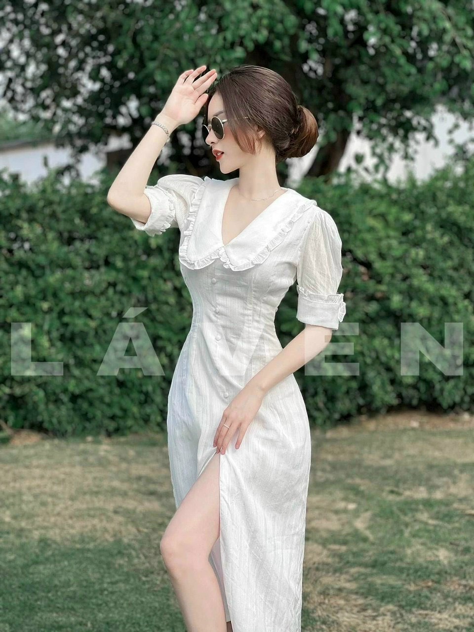 Đầm lụa nữ dáng dài cổ cánh sen nhún bèo đính nút sang chảnh thanh lịch nhã nhặn, đầm nữ cổ bèo xẻ tà nút bọc from dài, váy nữ tay ngắn cổ bèo xe tà có nút bọc kiểu dáng trẻ trung dx
