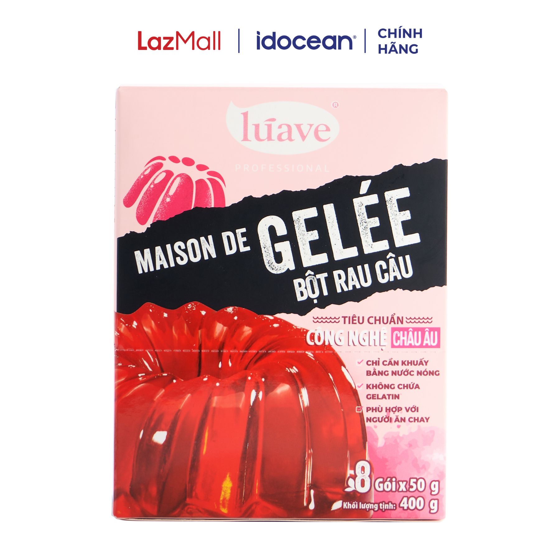 Bột rau câu dẻo Lúave, chỉ cần khuấy với nước nóng, không chứa Gelatin, phù hợp với người ăn chay, 8 gói x 50gr