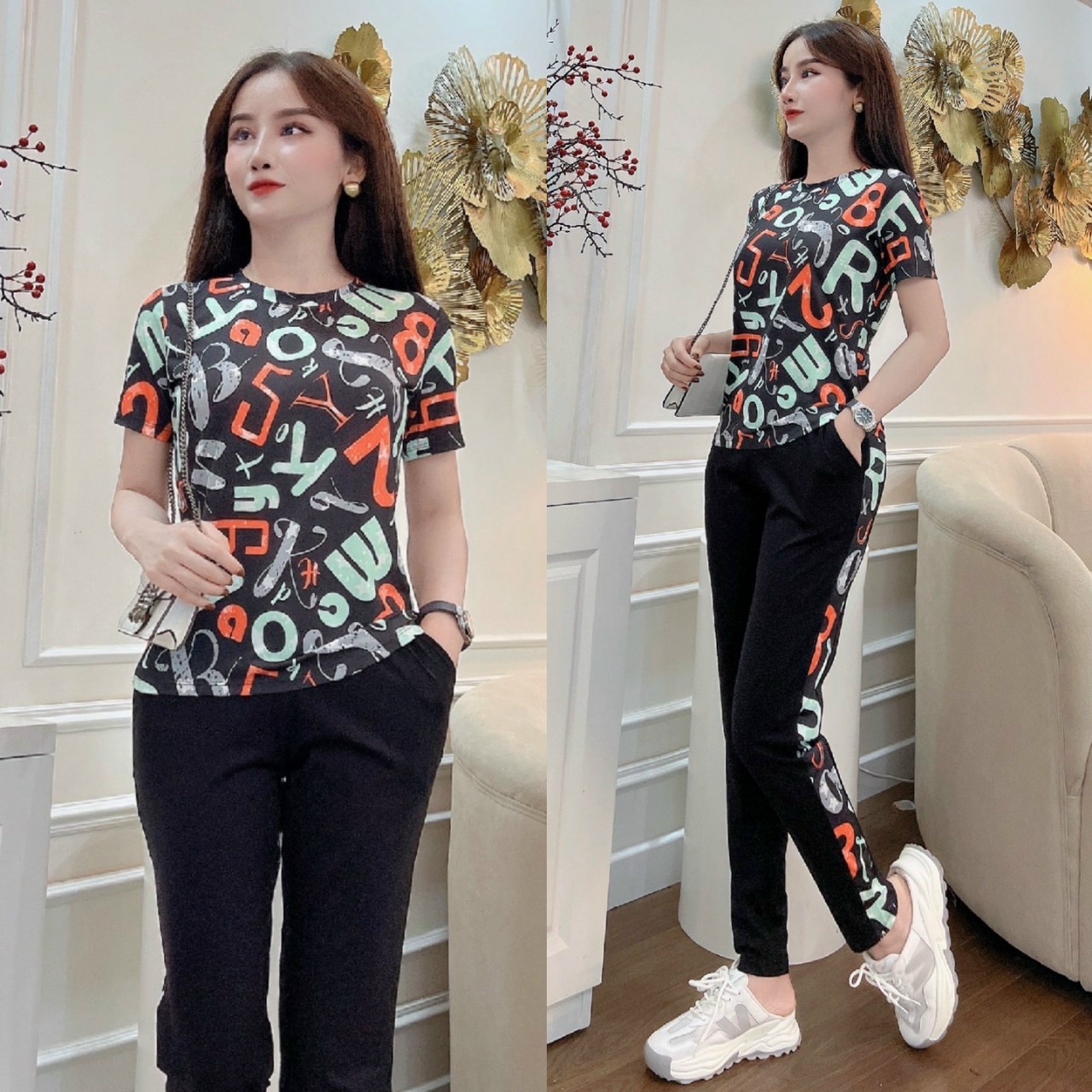 Set bộ thun thể thao dài thun lạnh phối thun cotton họa tiết kí tự màu hiện đại mặc nhà dạo phố đi siêu thị đều đẹp ms073