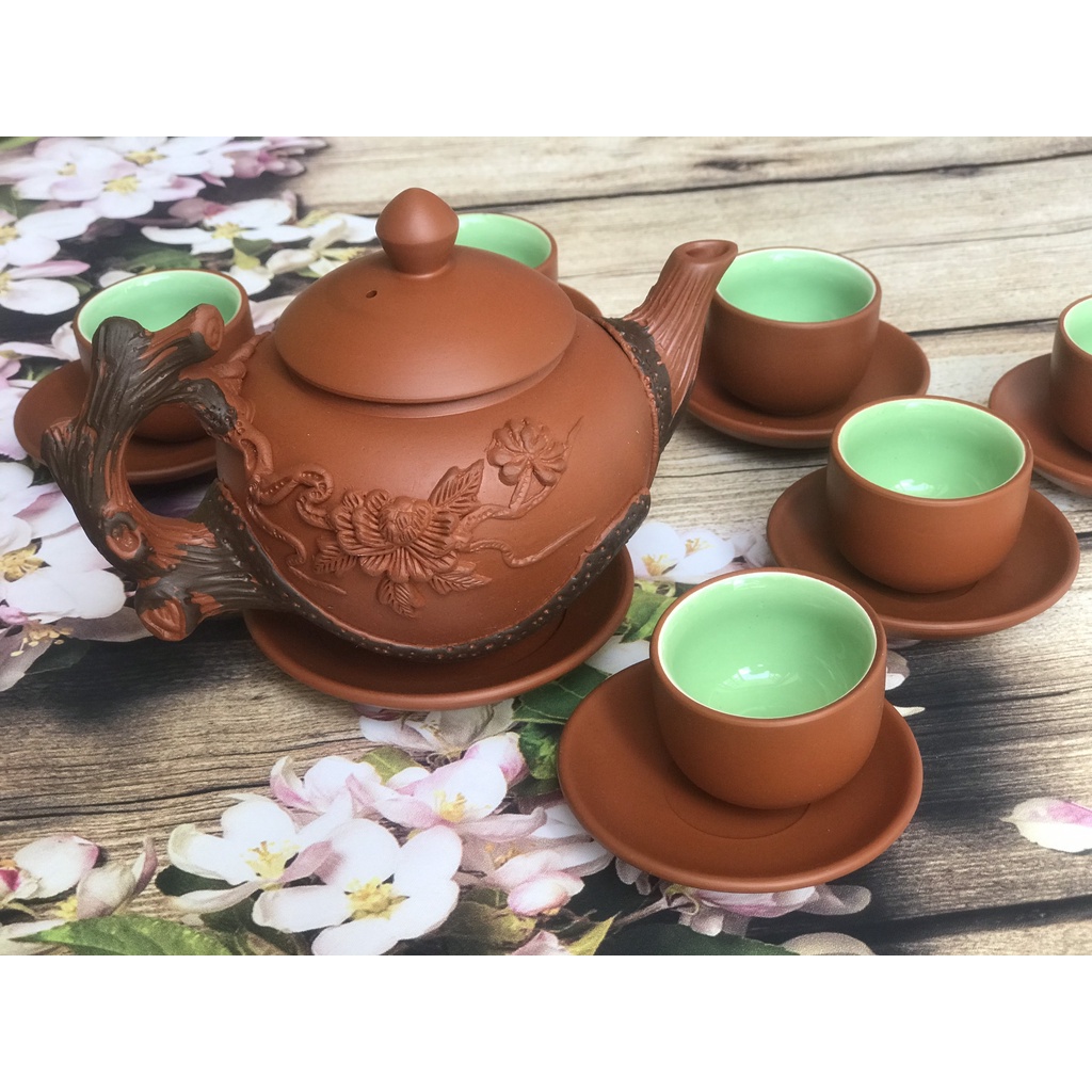 Ấm trà tử sa bát tràng đắp nổi gốc cây dung tích 500ml tách lẻ bộ