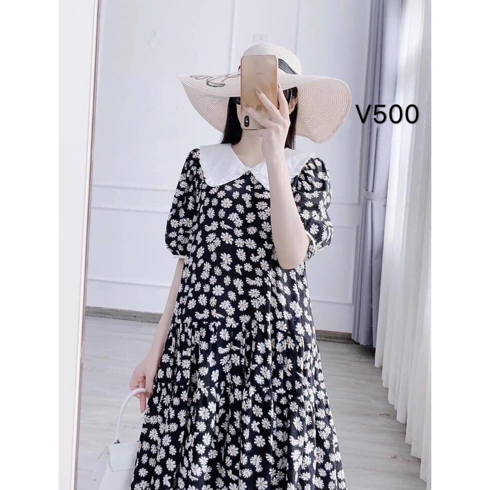 Váy bầu - Đầm chất đẹp họa tiết hoa cúc họa mi đen V500