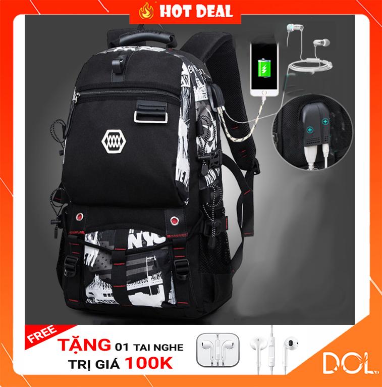 Balo Nam, Nữ thời trang đi học, du lịch HQ-01 ( có cổng USB , cổng tai nghe , chông thấm nước, đựng được sách vở laptop ) – Tặng Kèm Tai Nghe