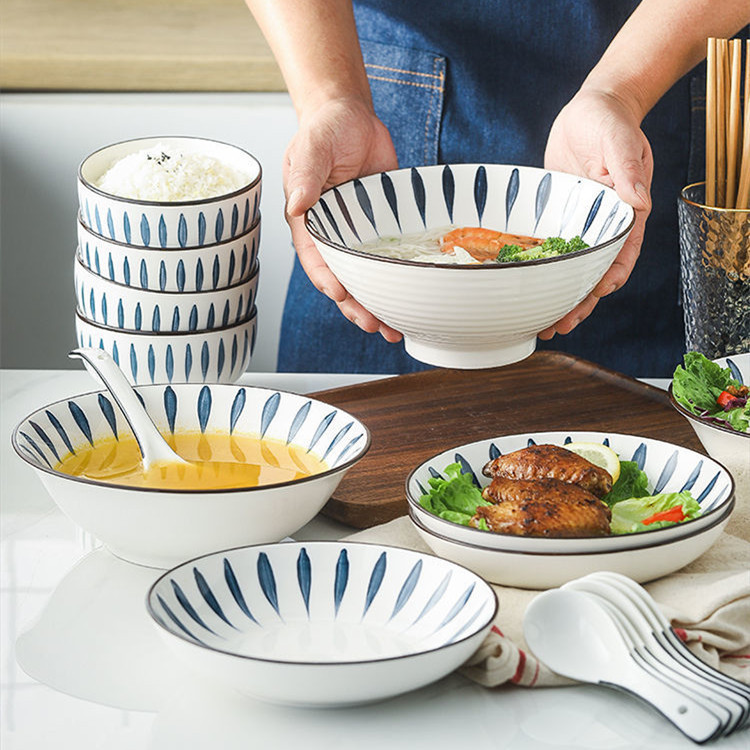 Bộ chén dĩa họa tiết giọt nước phong cách Nhật Bản - Tô hình nón ăn súp phở họa tiết giọt nước - Dĩa tròn, dĩa hột xoài hoa văn phong cách Nhật - Chén dĩa gốm sứ cao cấp