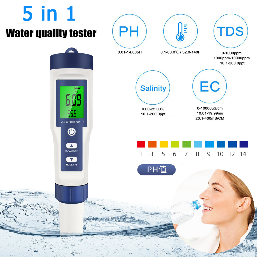 Bút kiểm tra chất lượng nước, đo độ mặn nước 5 là 1 pH/TDS/EC/độ mặn/nhiệt độ, kèm theo 3 gói pH tiêu chuẩn