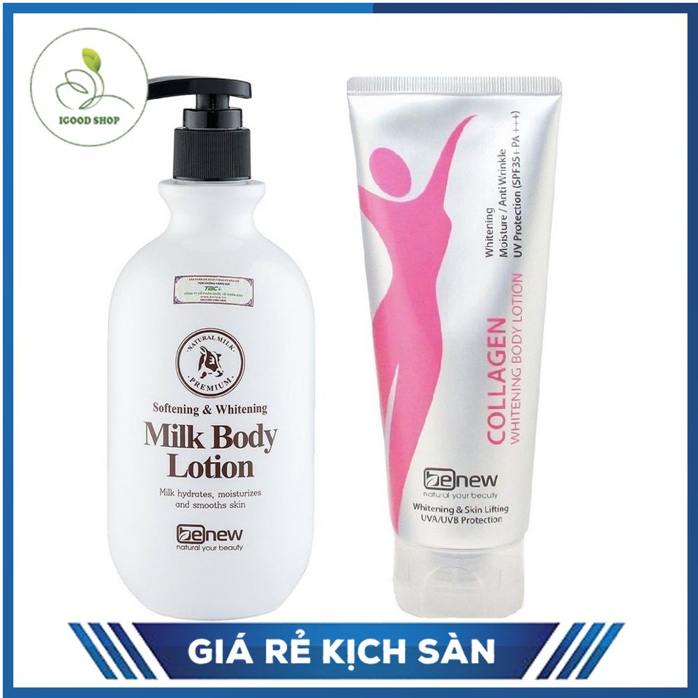 Kem dưỡng trắng body benew collagen whitening 200ml - sữa dưỡng thể benew milk body lotion 450ml - bộ đôi dưỡng trắng hoàn hảo, dưỡng ẩm nâng cơ da, chống nắng