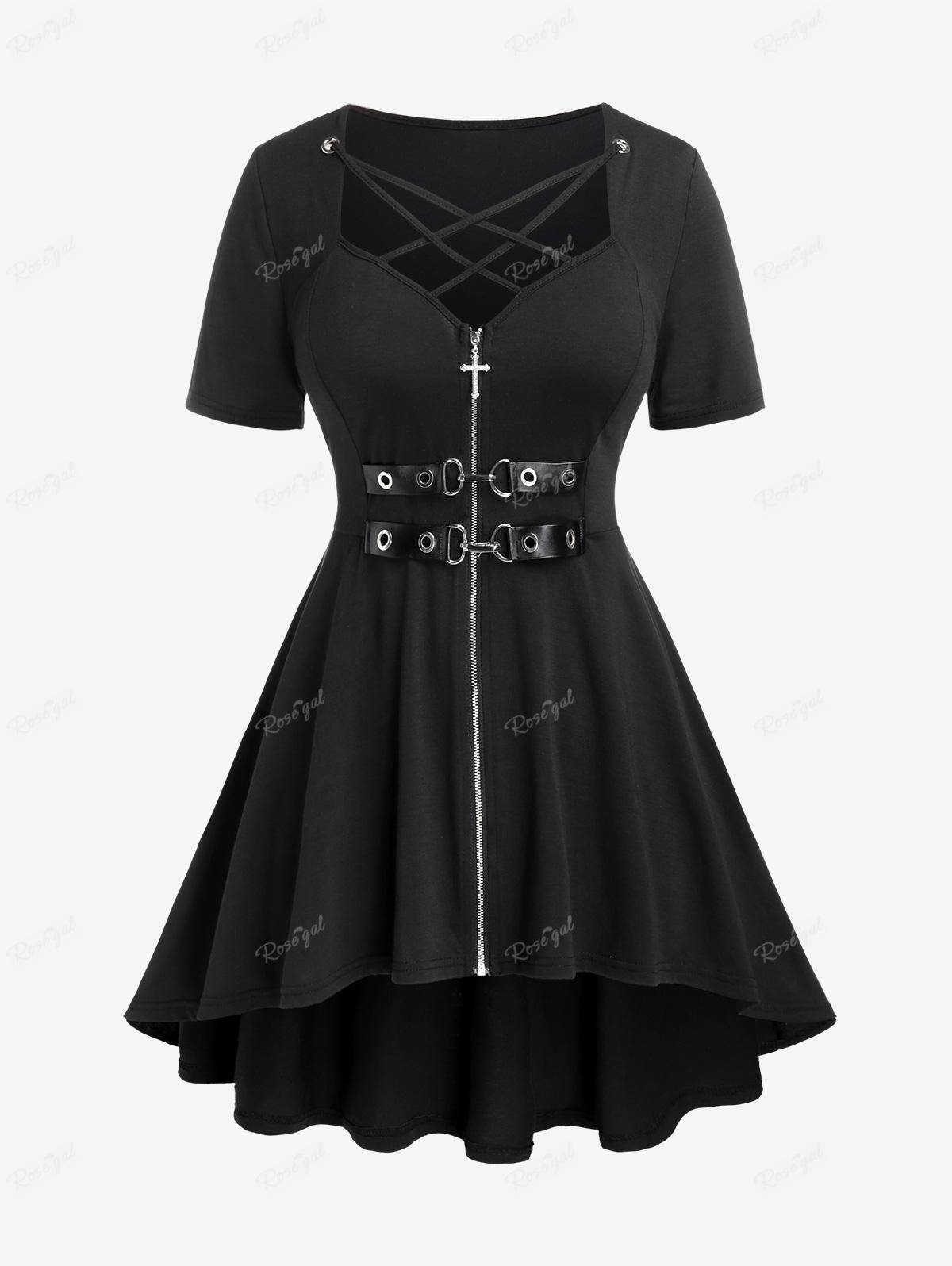 Rosegal cộng với kích thước Gothic hàng đầu cho wome Đen T-Shirts lồng cutout Strappy grommets zip phía trước áo Tees 4XL