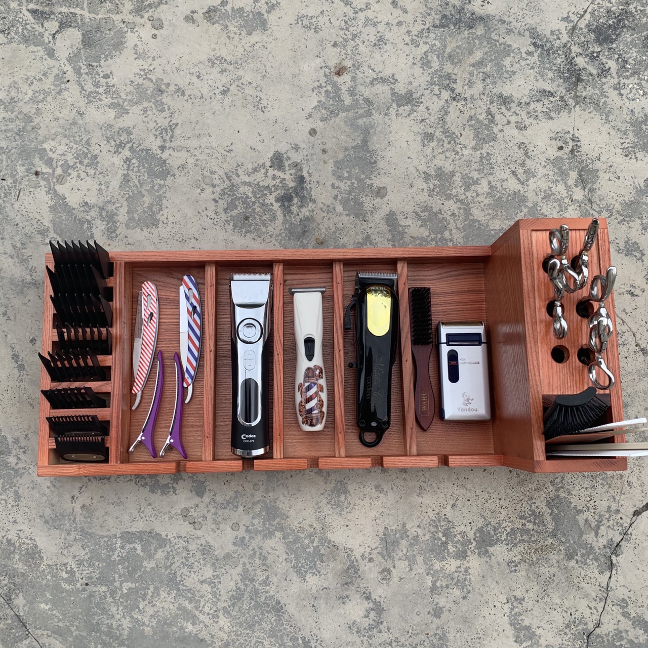 khay gỗ đựng tông đơ và dụng cụ làm tóc hình chữ L- shop chuyên đồ nghề làm tóc