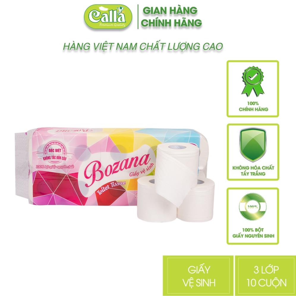 Giấy vệ sinh Bozana có lõi 3 lớp x 10 cuộn không tắc bồn cầu, mềm mịn, không bụi không hoá chất tẩy 