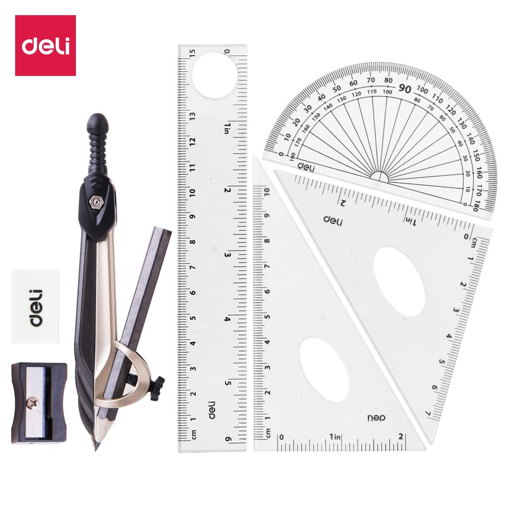 Bộ compa học sinh deli, đen - gồm 8 dụng cụ eg30404