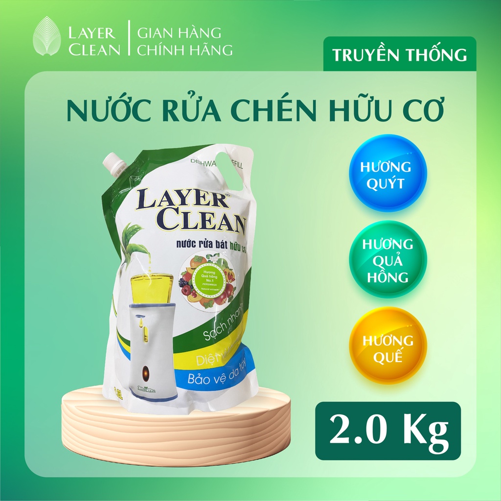 Nước rửa chén bát hữu cơ Layer Clean túi 2 Lít tiết kiệm hương Hồng
