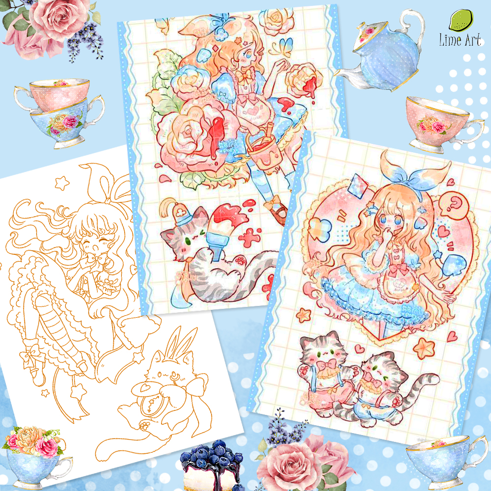 Tranh tô màu nước Alice in wondermeow / Line Art / Khổ A5 dày 300gsm