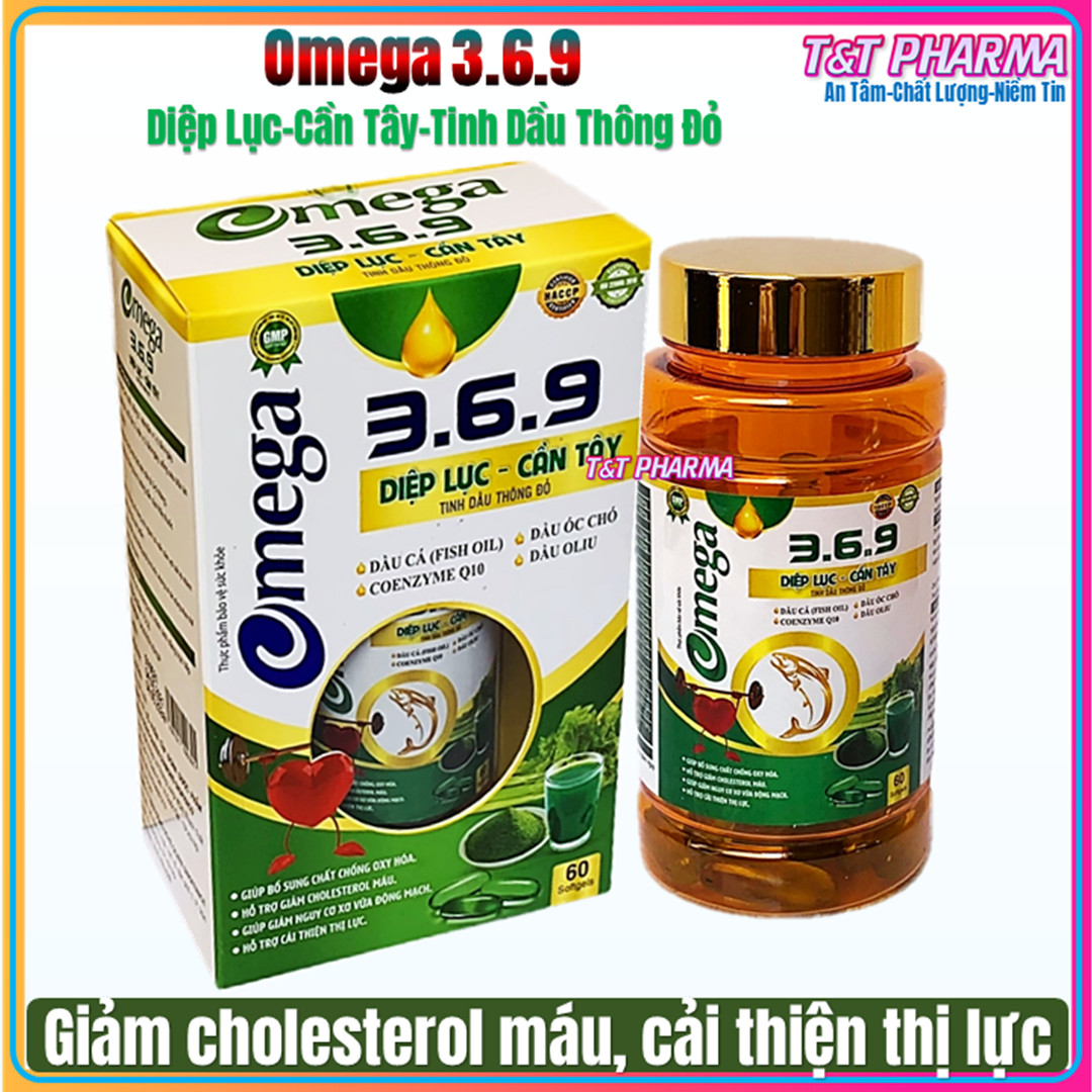 Viên Uống  Omega 3-6-9 Diệp Lục - Cần Tây- Tinh Dầu Thông Đỏ- Giảm Cholesterol Máu,Bổ Não, Sáng Mắt, Khỏe TIm Mạch-