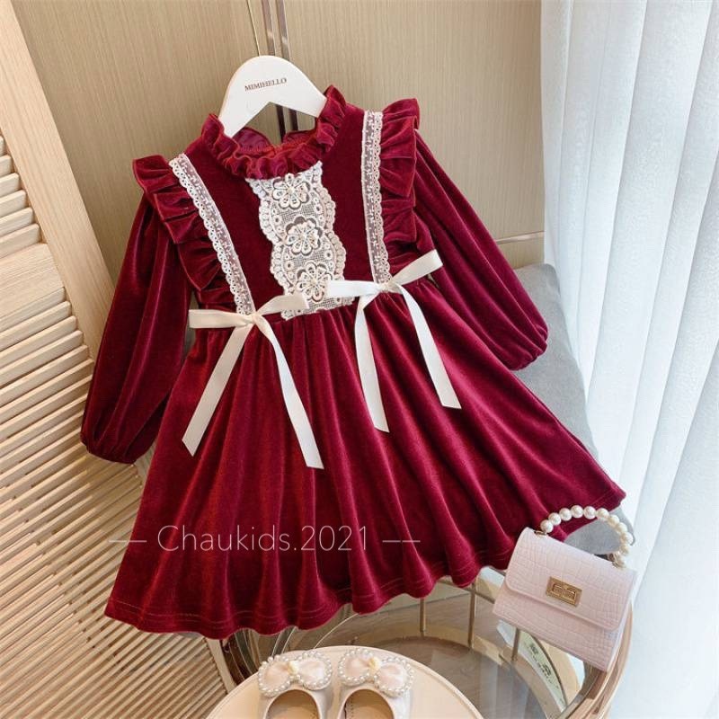 ♗✵ Váy nhung màu đỏ đậm bé gái