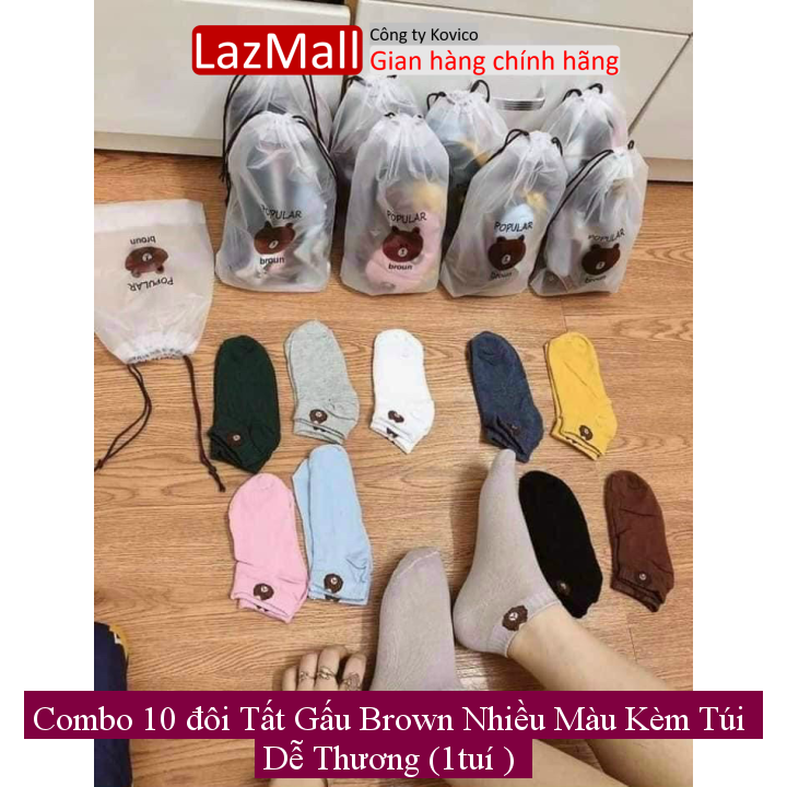 Combo 10 đôi tất gấu brown nhiều màu kèm túi dễ thương