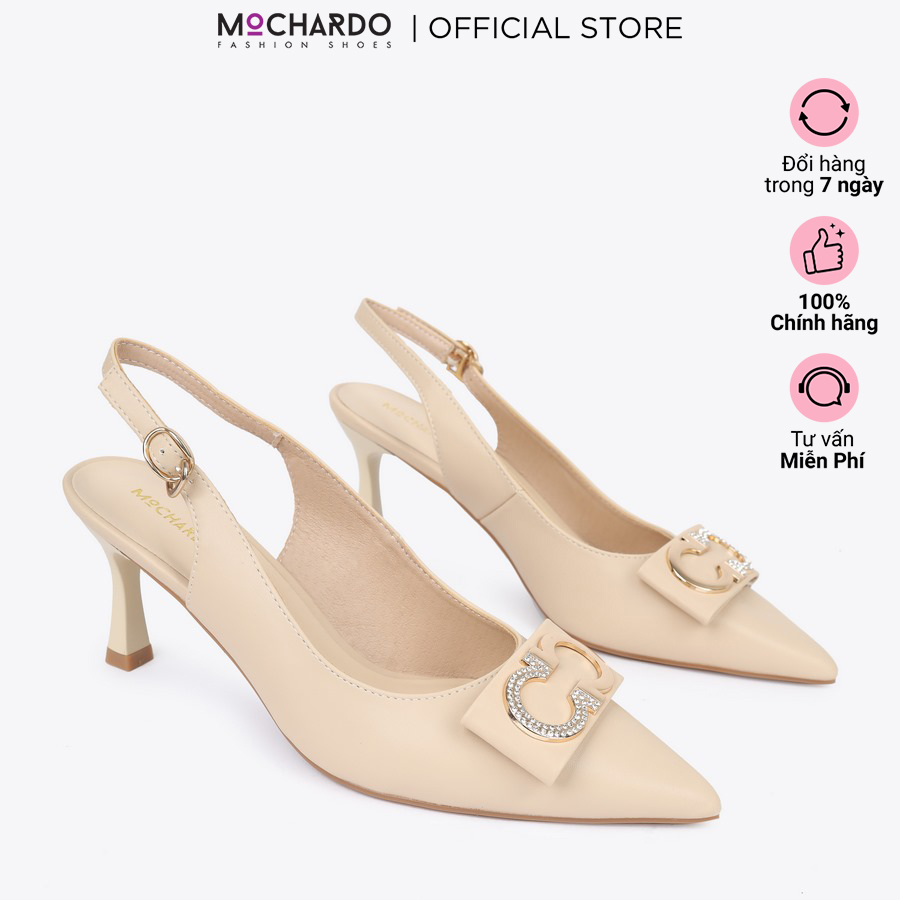 Giày slingback mũi nhọn da lì đính khóa cao 5cm mochardo hl-14