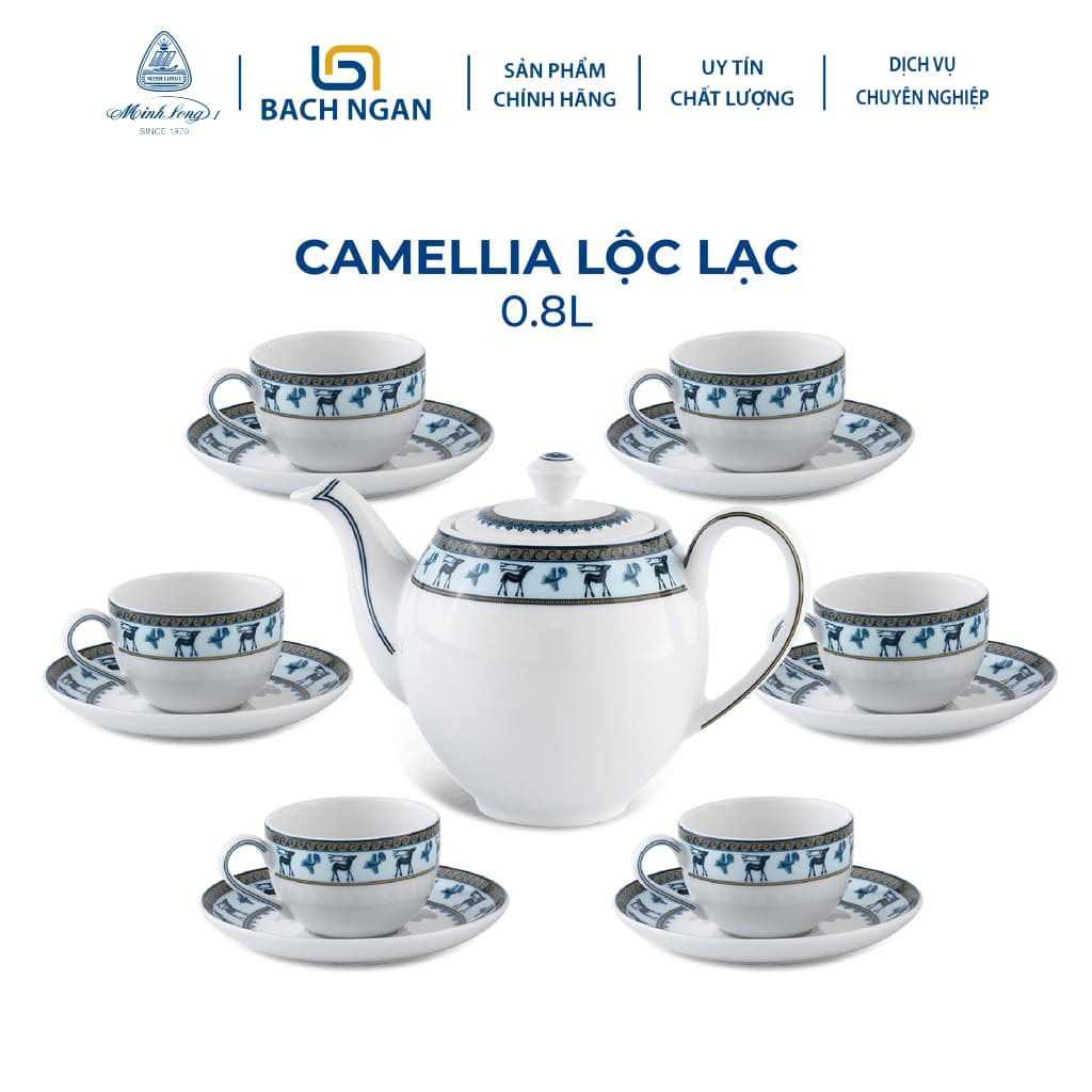 Bộ Ấm Trà Gốm Sứ Cao Cấp Minh Long 0.8 L - Camellia - Lộc Lạc hàng đẹp, sang trọng đãi khách, quà tặng - 6 tách