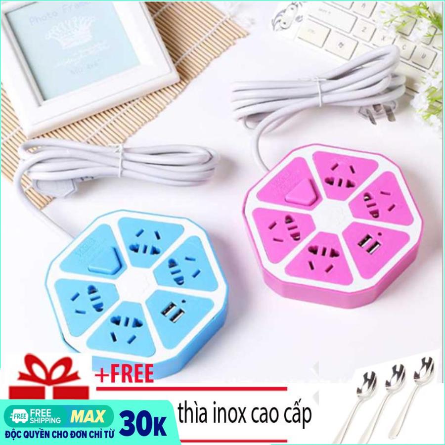 Ổ Cắm Điện Đa Năng Tích Hợp  2 Cổng Sạc USB Cao Cấp - Ổ cắm điện USB đa năng hình lục giác  + Tặng bộ 3 thìa inox cao cấp
