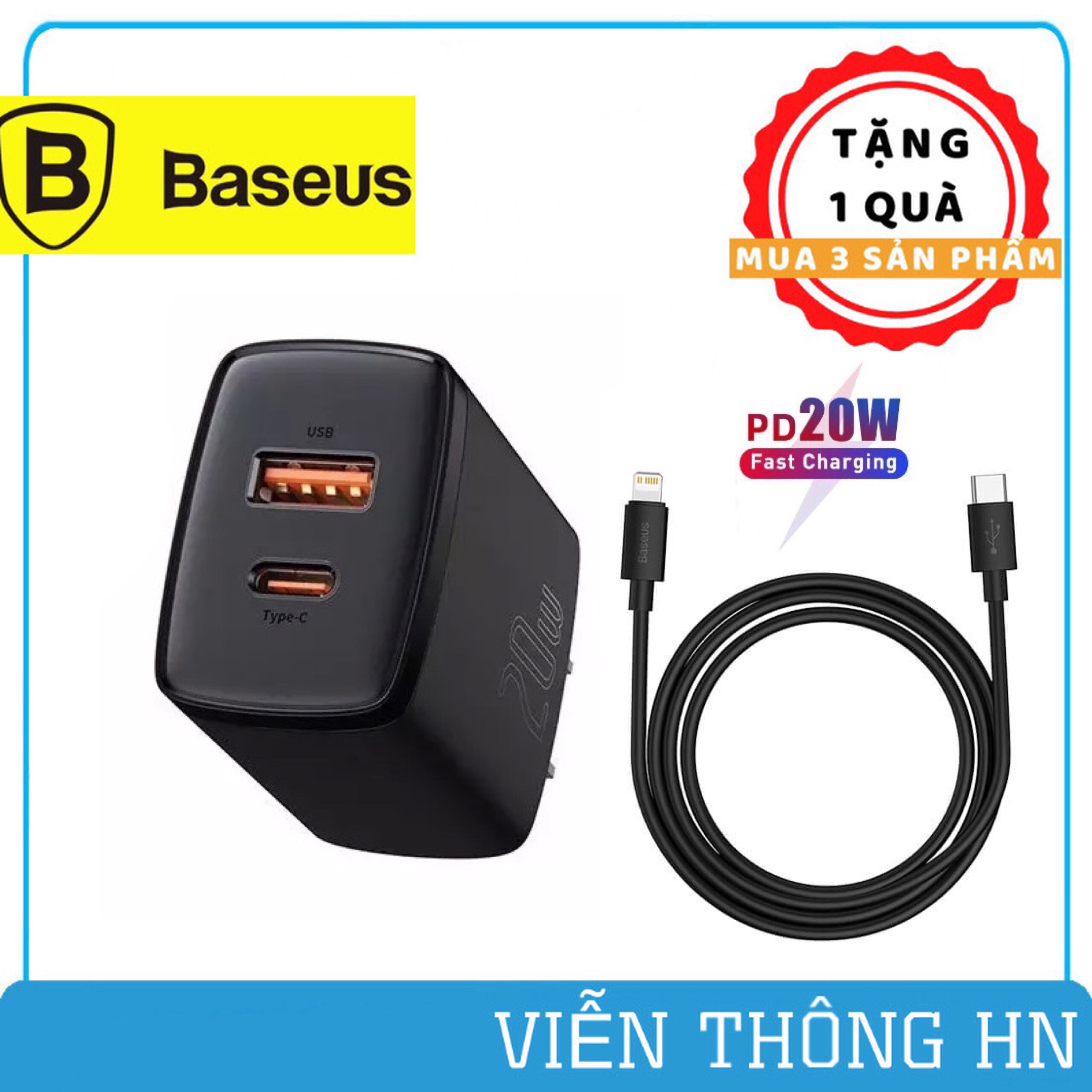 Củ sạc nhanh iphone 20w qc 3.0 kèm dây sạc type c to lightning Baseus - cốc sạc 2 cổng kèm cáp sạc cho iphone 11 12 13 14 peomax pad ...