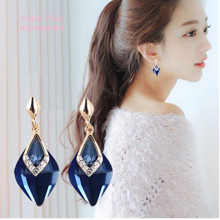 Bông tai giọt nước đính đá màu xanh dương, xanh lá, đỏ