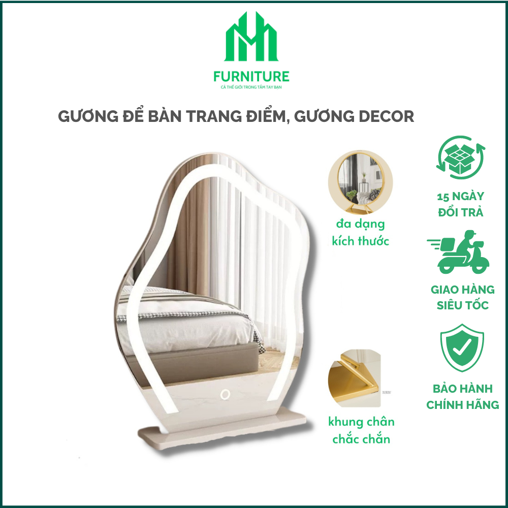 Gương để bàn trang điểm, gương led để bàn có cảm ứng tắt mở, gương led để bàn trang điểm, bàn làm việc, có khung gỗ - nội thất minhuy