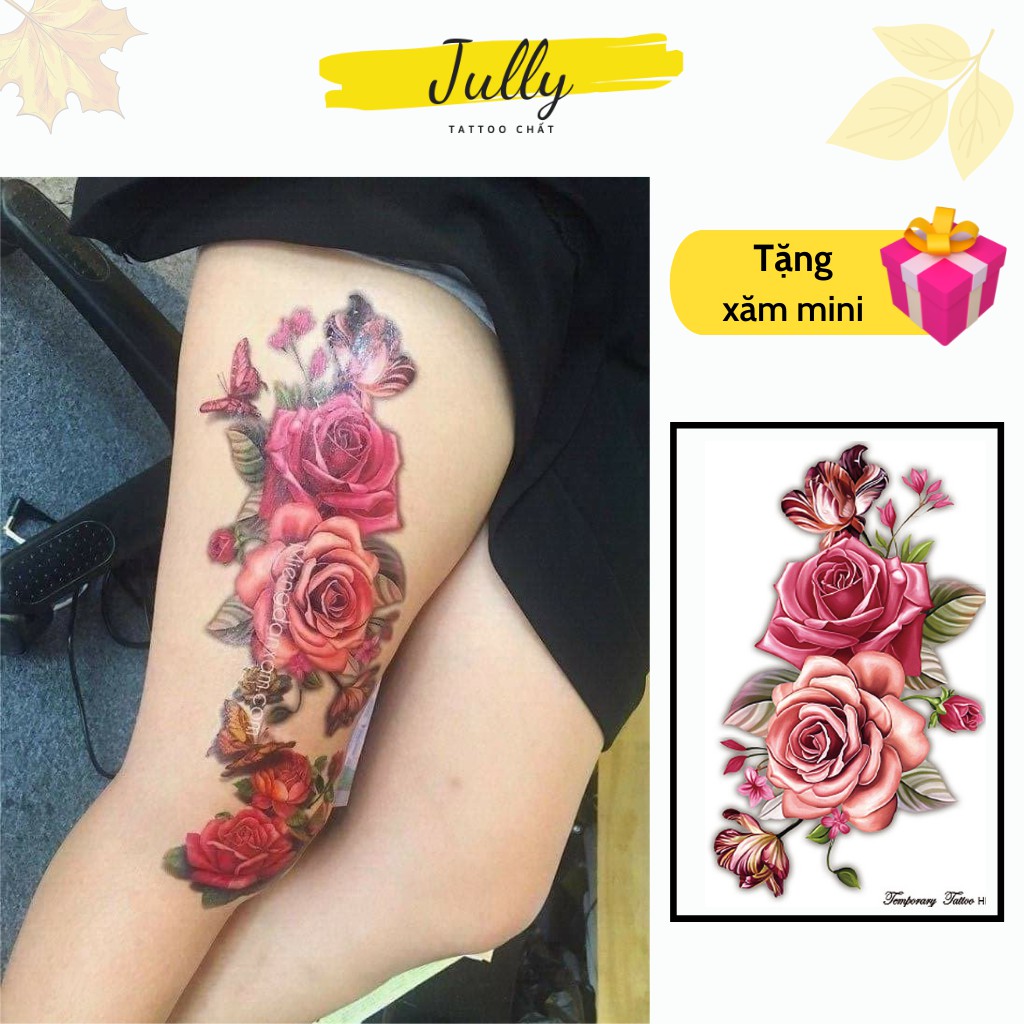 [TẶNG XĂM MINI] hình xăm dán đùi hoa hồng big 88 JUULY tattoo chất (kích thước 15x21cm) hình xăm chống nước xăm tạm thời an toàn bền đẹp