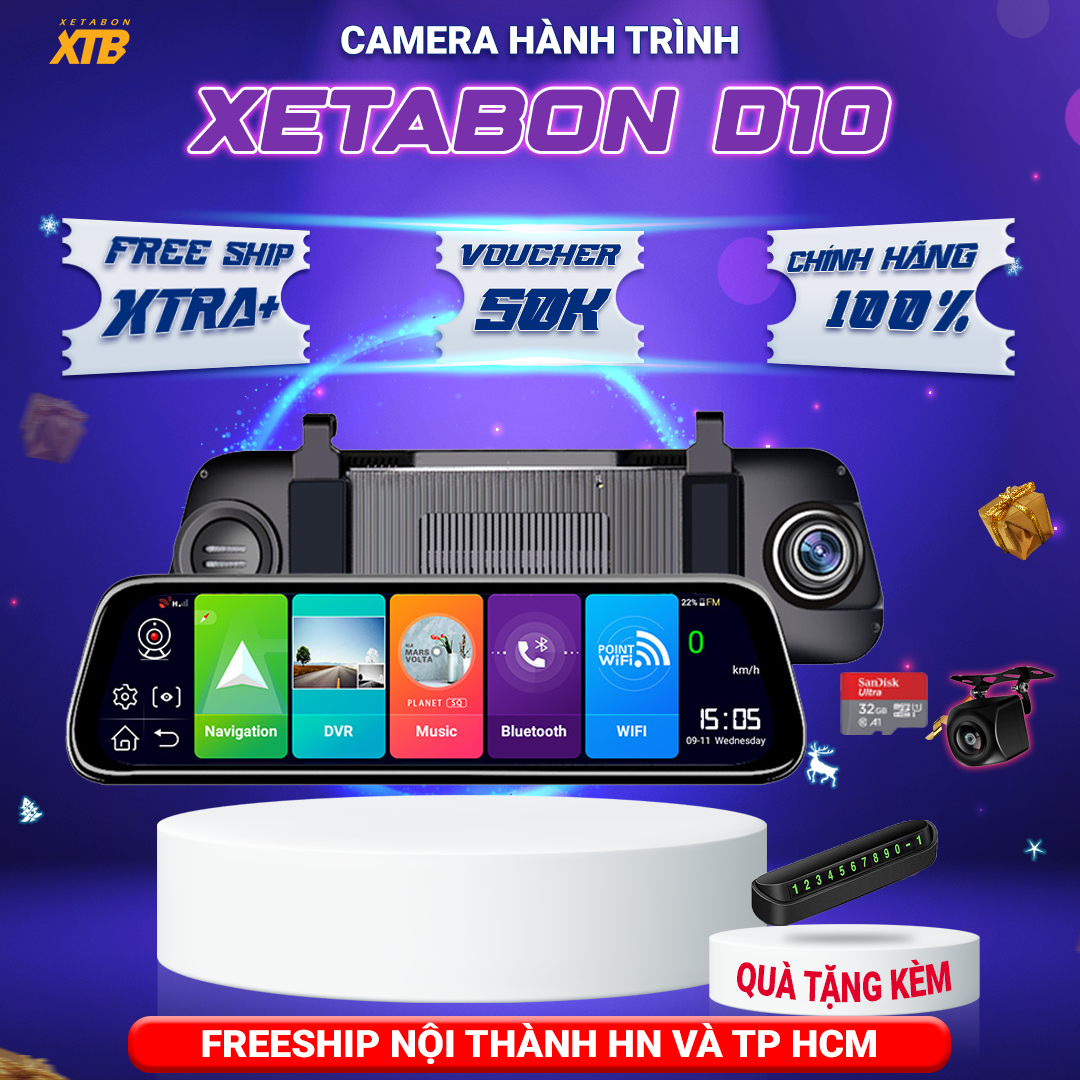 Camera hành trình D10, Cam hành trình gương ô tô, phân giải FHD,cảm biến,cảnh báo va chạm,lệch làn,q