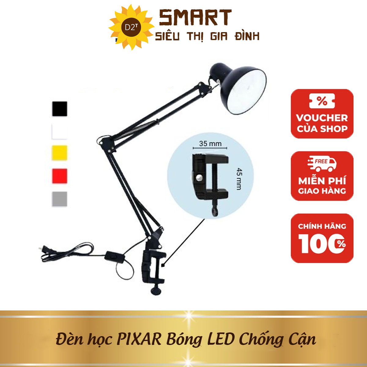 Đèn học pixar bóng led chống cận bảo vệ mắt đổi 3 màu kẹp bàn chắc chắn - bảo hành 2 năm - đèn học cao cấp cho học sinh sinh viên