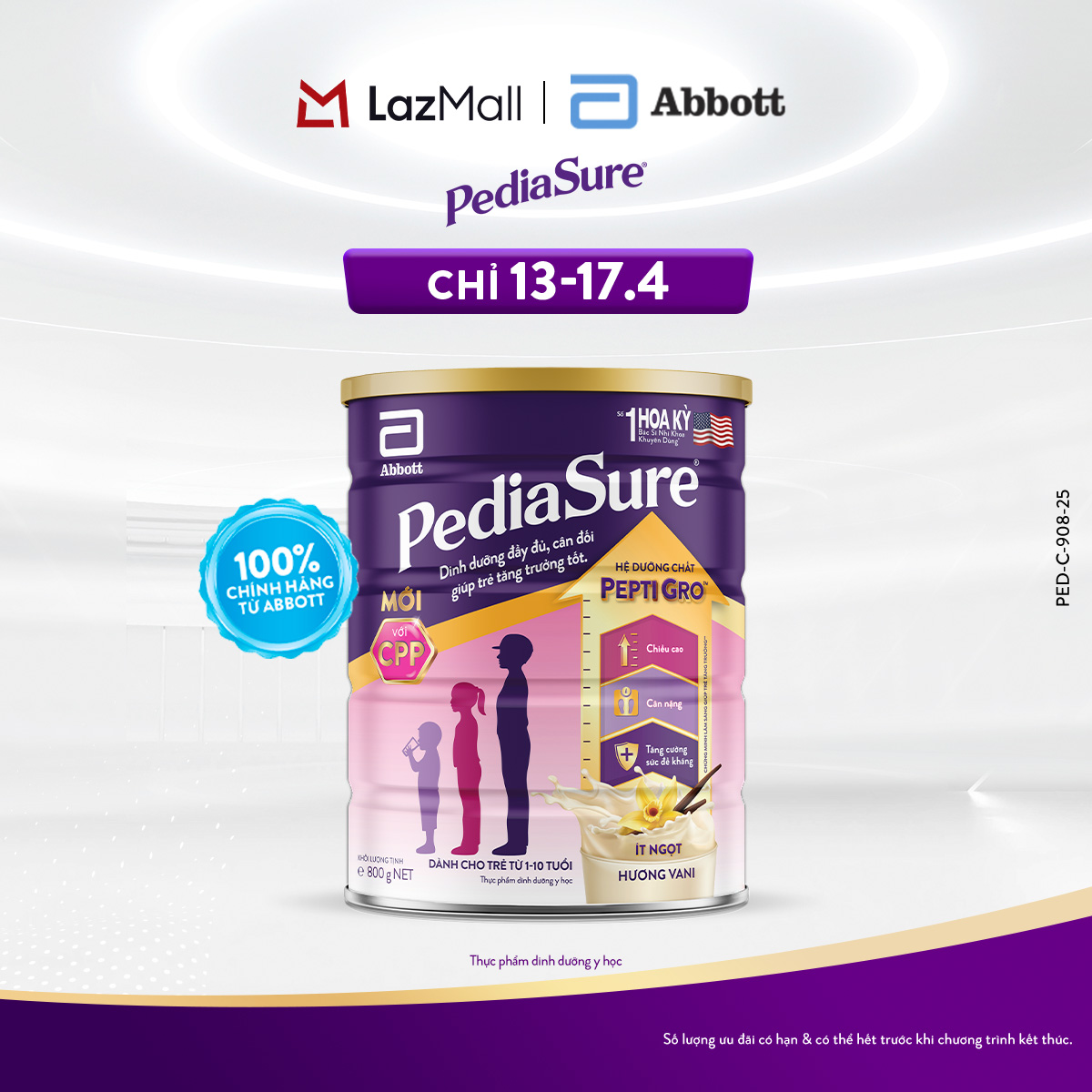 [CHỈ 13-17.04 GIÁ TỐT MUA NGAY-SLCH] 1 Lon sữa bột Pediasure hương vani ít ngọt 800G (mẫu mới)