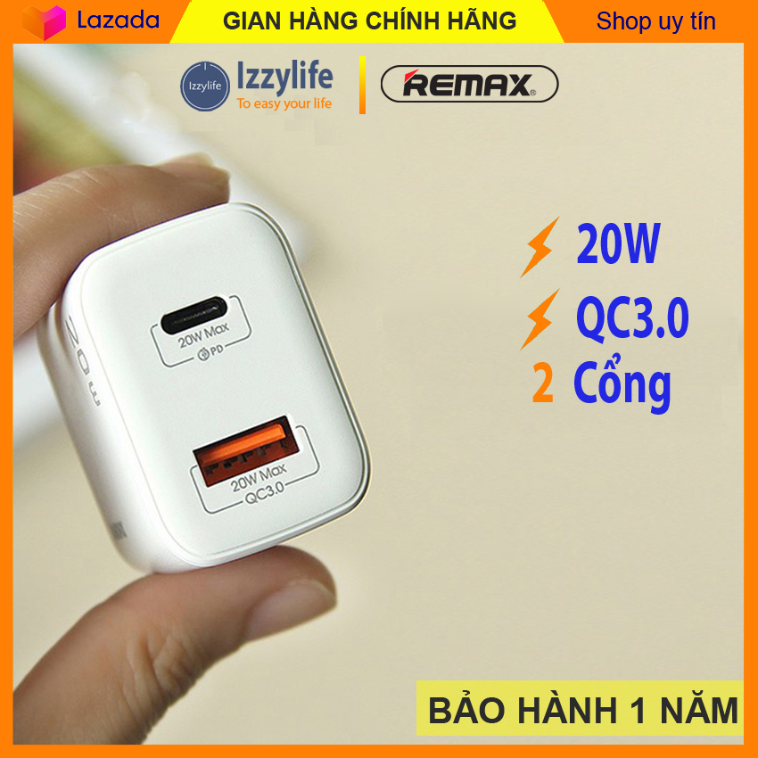 Sạc nhanh iphone Chính hãng củ sạc nhanh iphone Remax U88 sạc nhanh 20W chuẩn QC3.0 2 cổng ra USB và Type-C phù hợp điện thoại Iphone, Android - Izzylife