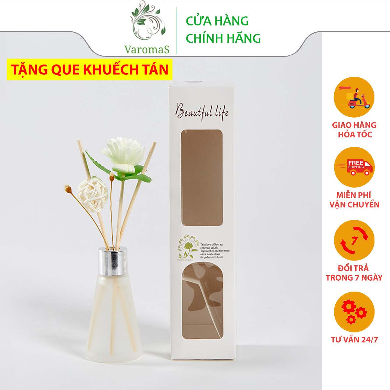 (FREESHIP - TẶNG 5 QUE KÈM HOA) Lọ tinh dầu VaromaS thiên nhiên nguyên chất khuếch tán nước hoa que gỗ tán hương thơm phòng cao cấp KT03 50ml