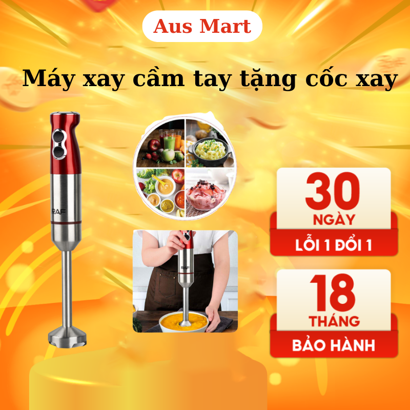 Máy xay cầm tay đa năng raf 600w - máy xay ăn dặm cho bé - máy nghiền thực phẩm đa năng - máy xay sinh tố mini xay thịt cá hoa quả - aus mart