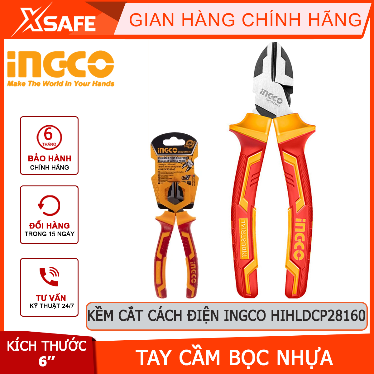 Kìm cắt cách điện cao cấp INGCO HIHLDCP28160 | kềm cách điện Chiều dài kìm 6" Tay cầm cách điện lên đến 1000V cắt, kẹp, tuốt các loại dây cáp, dây điện, dây kim loại