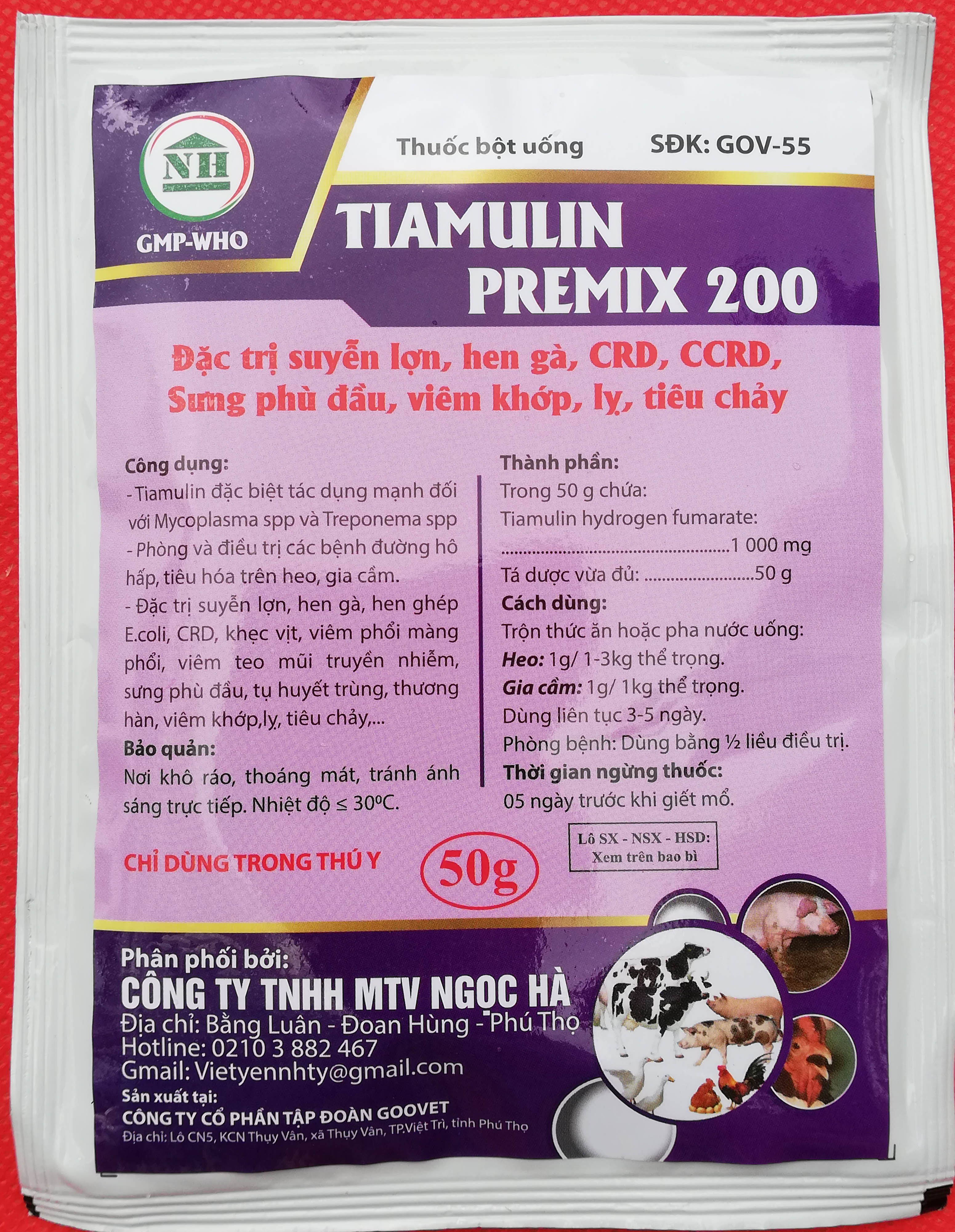 1 gói TIAMULIN PREMIX 200  50g Chuyên dùng cho suyễn lợn, hen gà, CRD, CCRD, Sưng phù đầu, viêm khớp