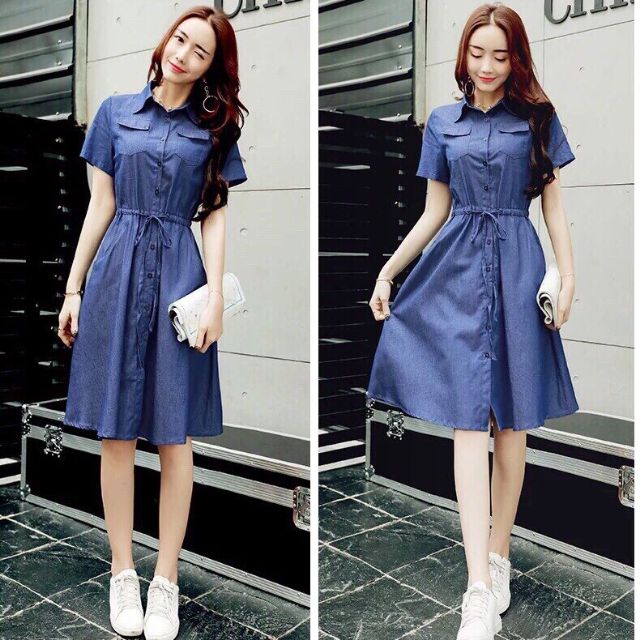 [HCM]ĐẦM JEAN XÒE TAY NGẮN EO RÚT