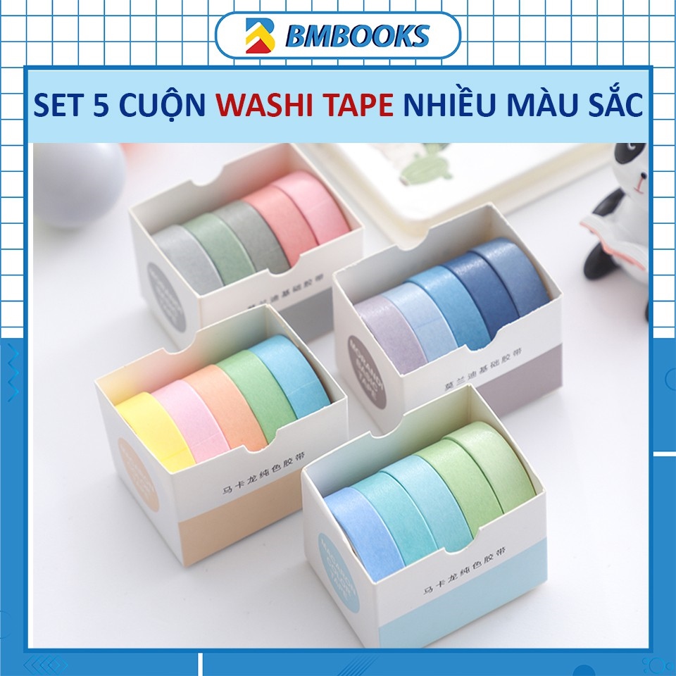【Hàng giao ngay】 Washi tape set 5 cuộn 10 x 200mm màu sắc theo chủ đề trang trí sổ tay nhật kí bullet journal BMBooks