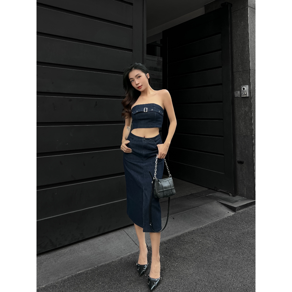 Chân váy jeans dáng dài xẻ tà trước - kooky house - chân váy midi jeans skirt
